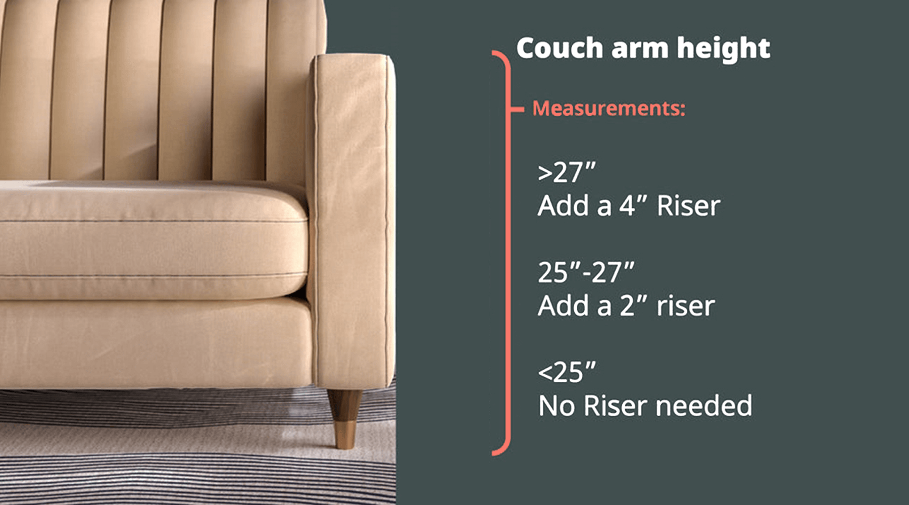 A close-up shot of a light brown couch with vertical stitching and visible wooden legs, Wood Risers for Cat-e-Corner